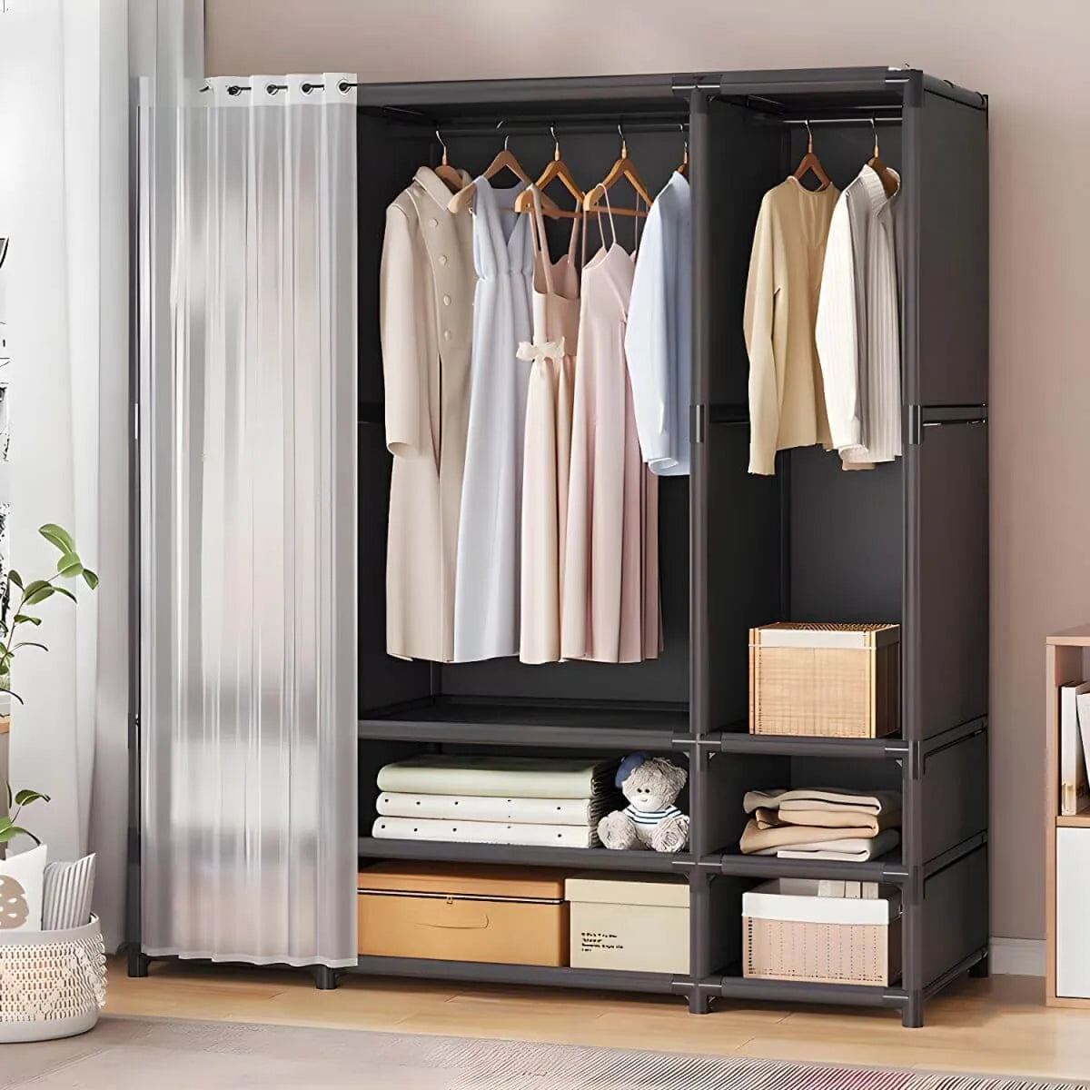 Minimalist Metal Wardrobe Armoire With Curtain Storage Drawers