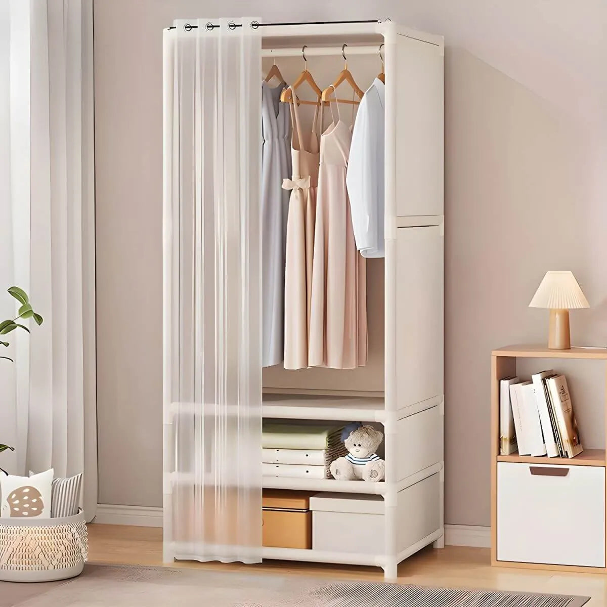 Minimalist Metal Wardrobe Armoire With Curtain Storage Drawers