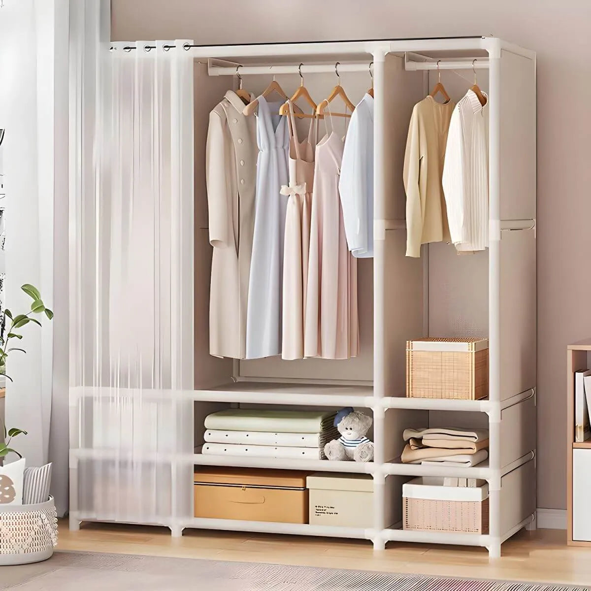 Minimalist Metal Wardrobe Armoire With Curtain Storage Drawers