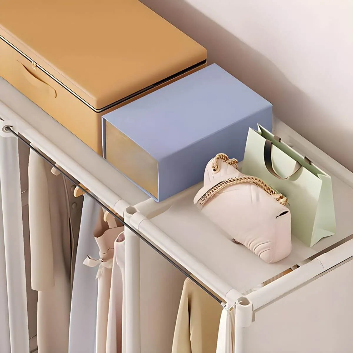 Minimalist Metal Wardrobe Armoire With Curtain Storage Drawers
