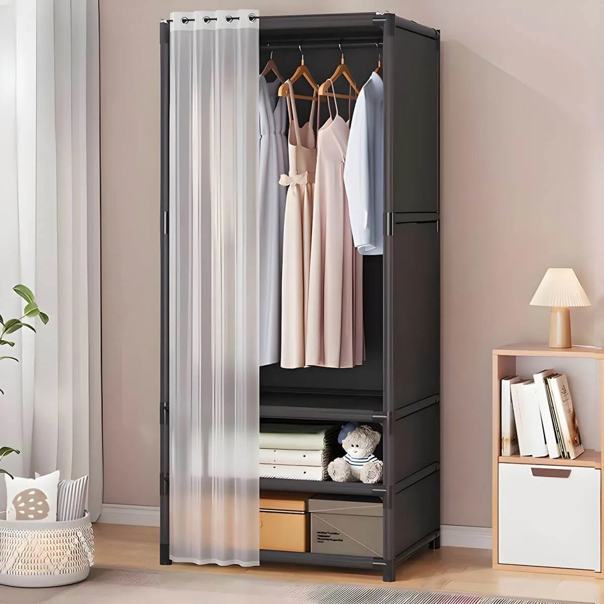 Minimalist Metal Wardrobe Armoire With Curtain Storage Drawers