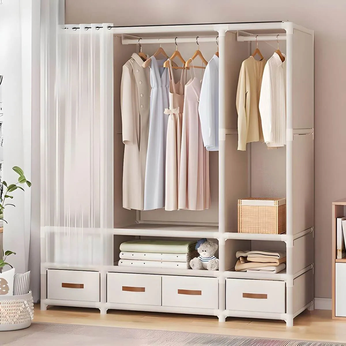 Minimalist Metal Wardrobe Armoire With Curtain Storage Drawers