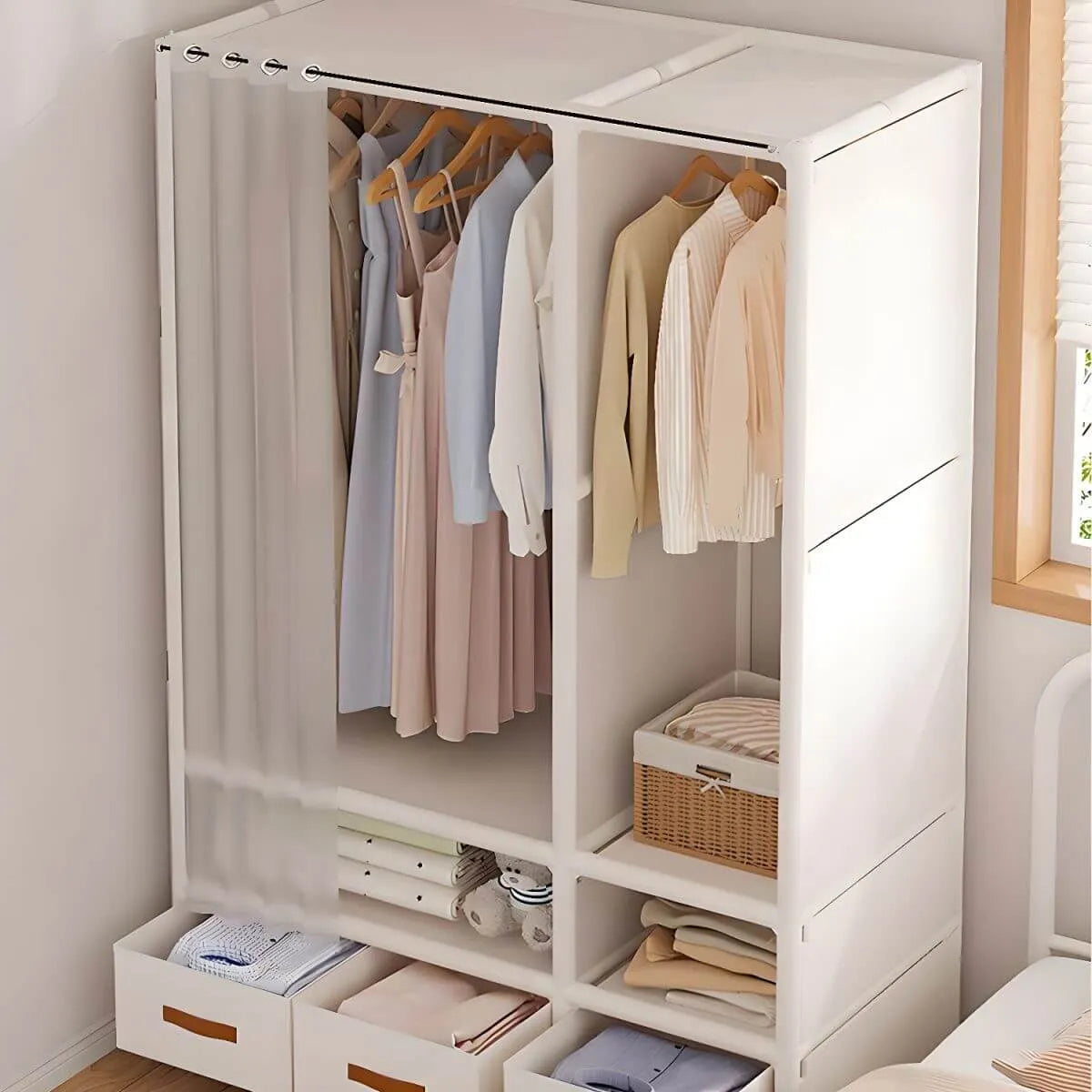 Minimalist Metal Wardrobe Armoire With Curtain Storage Drawers
