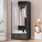 Minimalist Metal Wardrobe Armoire With Curtain Storage Drawers