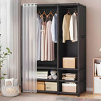 Minimalist Metal Wardrobe Armoire With Curtain Storage Drawers