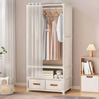 Minimalist Metal Wardrobe Armoire With Curtain Storage Drawers