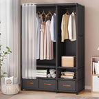 Minimalist Metal Wardrobe Armoire With Curtain Storage Drawers