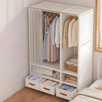 Minimalist Metal Wardrobe Armoire With Curtain Storage Drawers