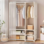 Minimalist Metal Wardrobe Armoire With Curtain Storage Drawers