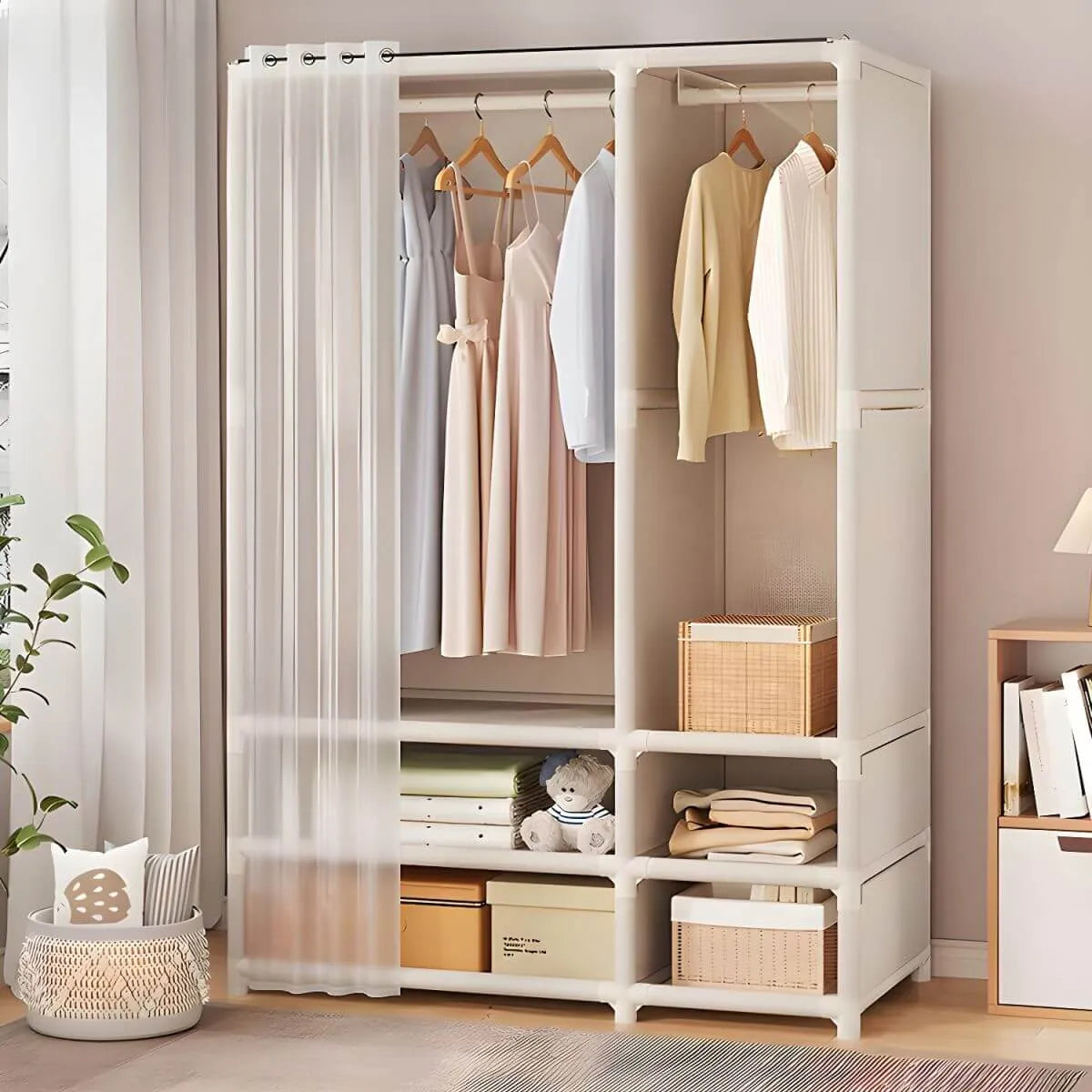 Minimalist Metal Wardrobe Armoire With Curtain Storage Drawers