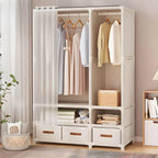 Minimalist Metal Wardrobe Armoire With Curtain Storage Drawers