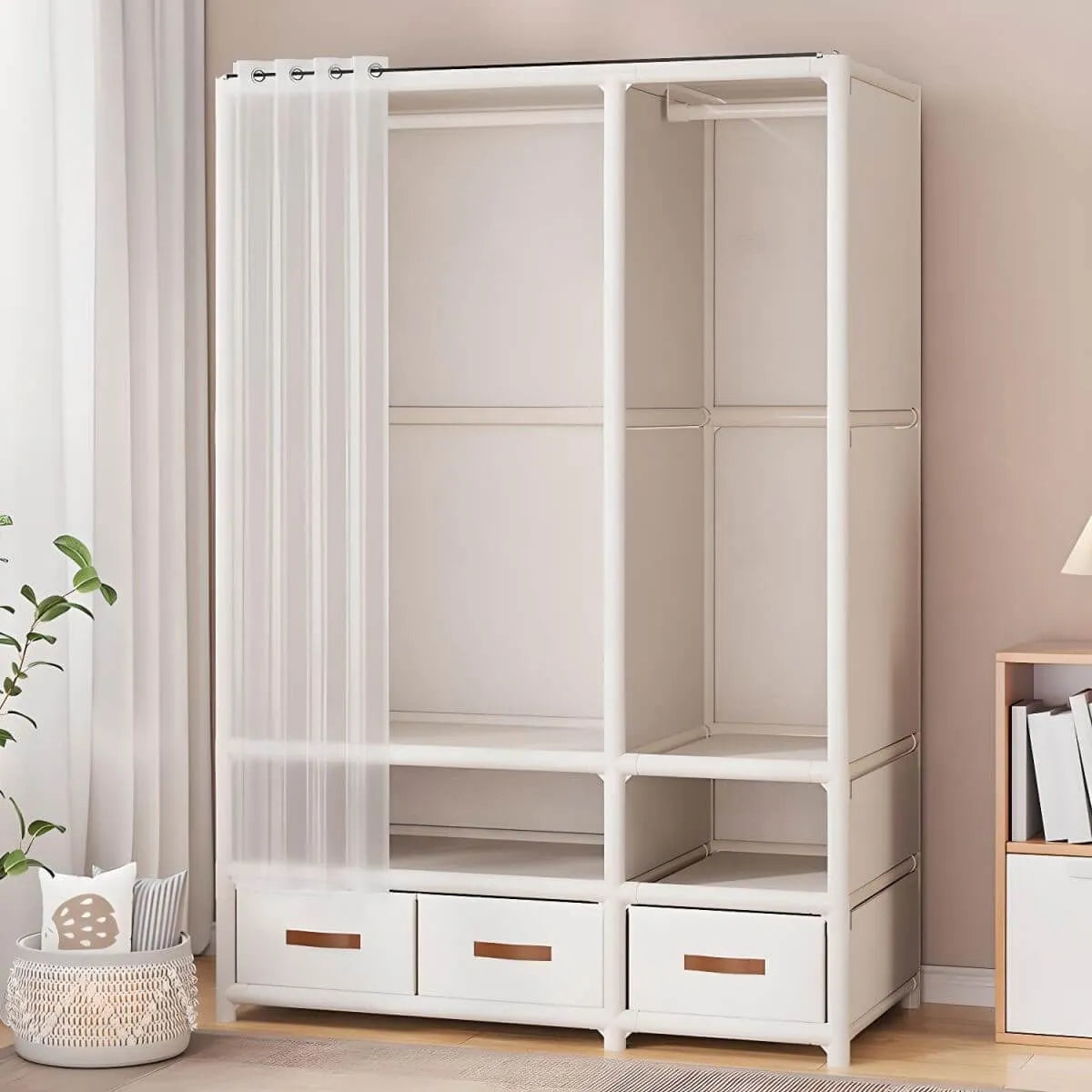 Minimalist Metal Wardrobe Armoire With Curtain Storage Drawers Main Product Image