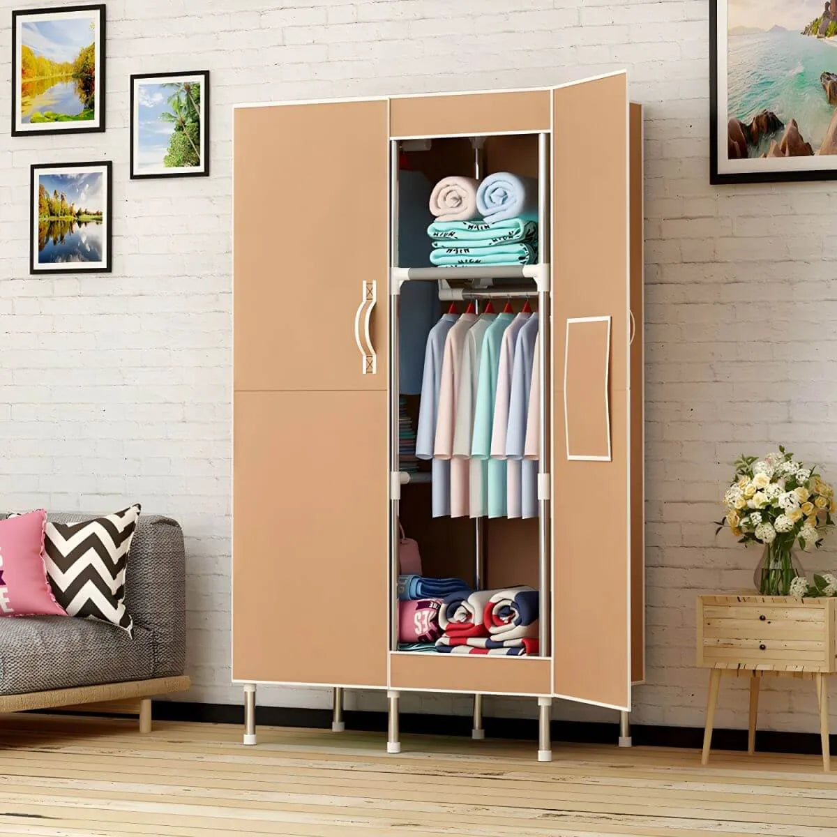 Minimalist Metal Wardrobe Armoire With Shelves and Hanging Storage