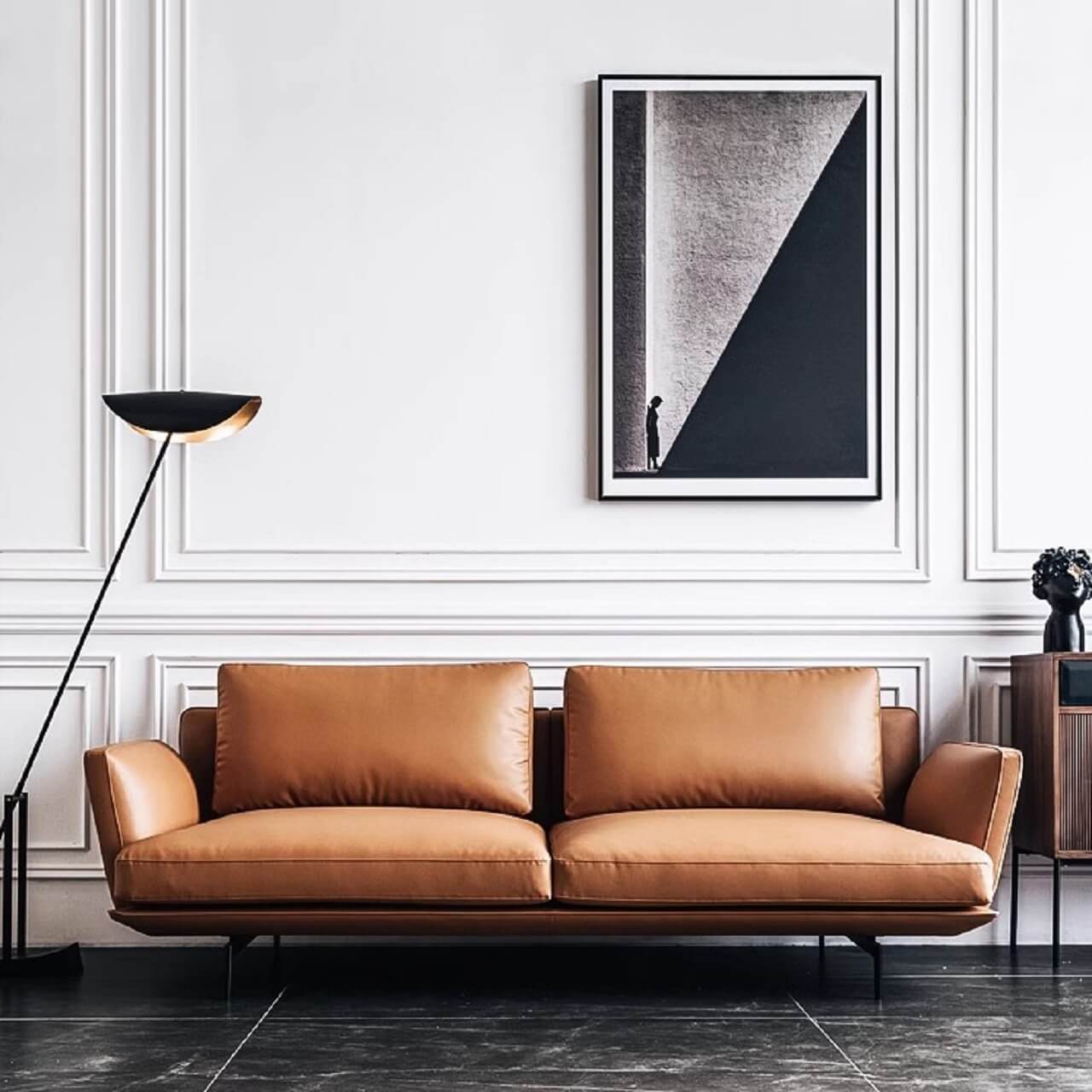 Orange microfiber leather sofa with minimalist design, sleek style, and 88.58-inch length for comfortable seating main product image メイン画像