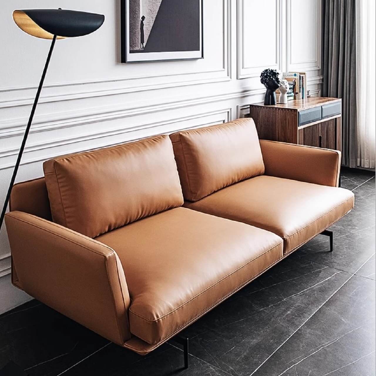 Orange microfiber leather sofa with minimalist design, sleek style, and 88.58-inch length for comfortable seating