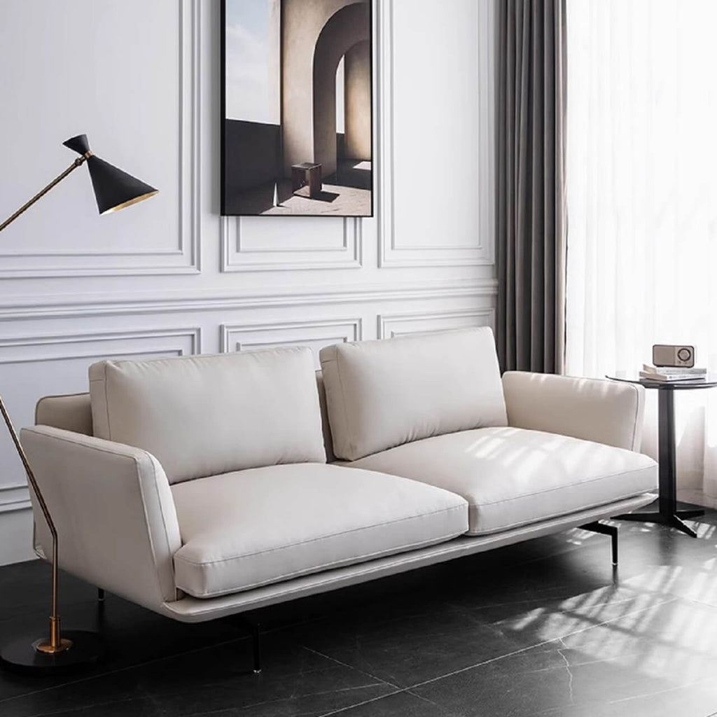 Orange microfiber leather sofa with minimalist design, sleek style, and 88.58-inch length for comfortable seating