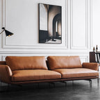 Orange microfiber leather sofa with minimalist design, sleek style, and 88.58-inch length for comfortable seating