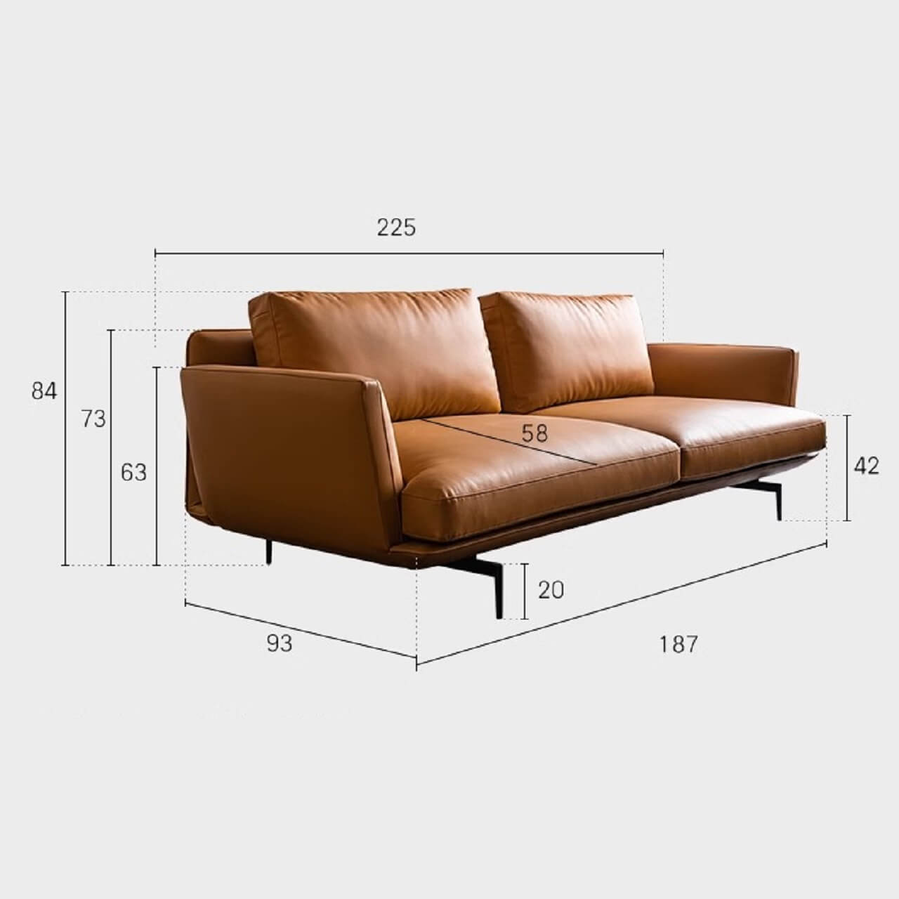 Orange microfiber leather sofa with minimalist design, sleek style, and 88.58-inch length for comfortable seating dimensions