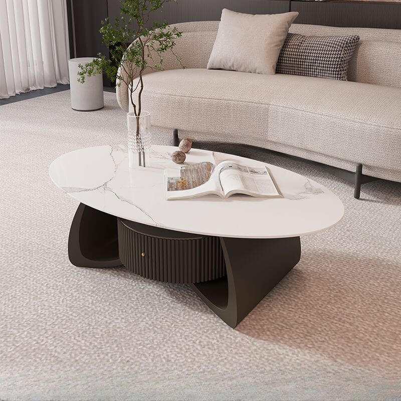 Minimalist Oval Stone Coffee Table with Sculptural Base and Drawer