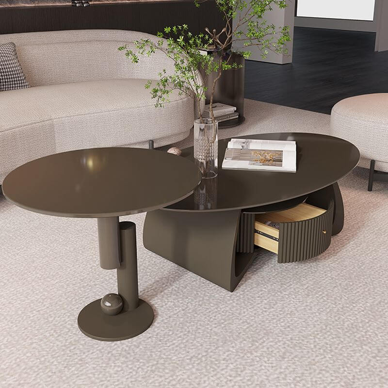 Minimalist Oval Stone Coffee Table with Sculptural Base and Drawer