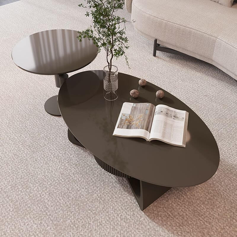Minimalist Oval Stone Coffee Table with Sculptural Base and Drawer Imagen secundaria del producto