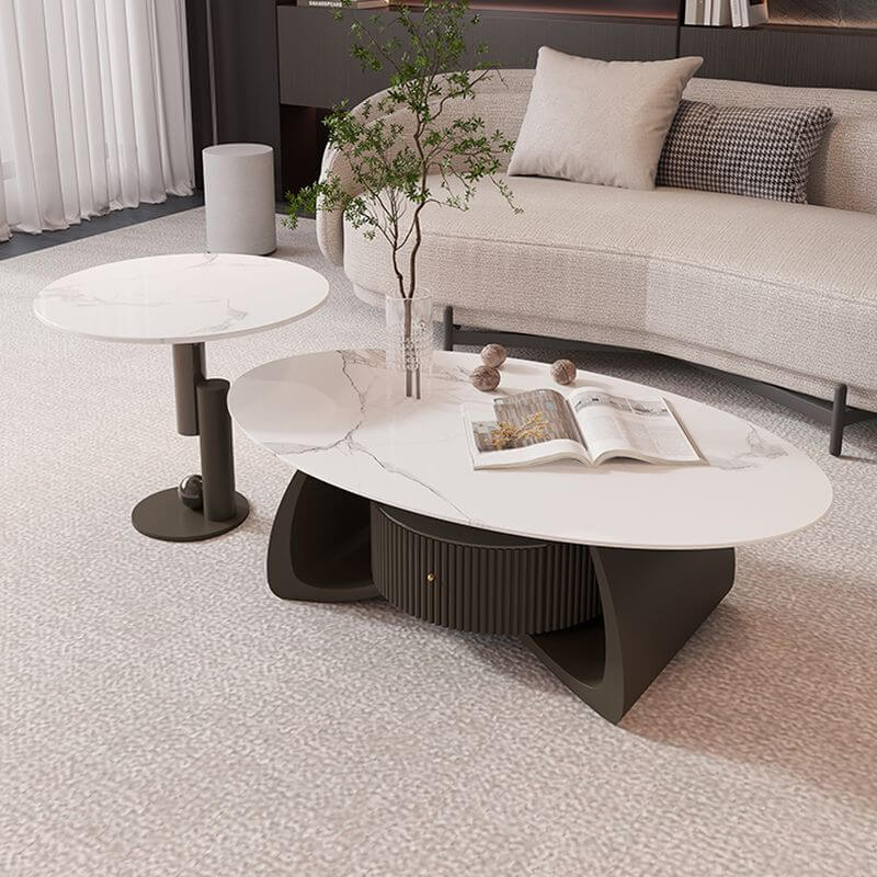 Minimalist Oval Stone Coffee Table with Sculptural Base and Drawer Main Product Image Imagen principal del producto