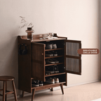 Minimalist Reeded Door Shoe Cabinet, Walnut Finish
