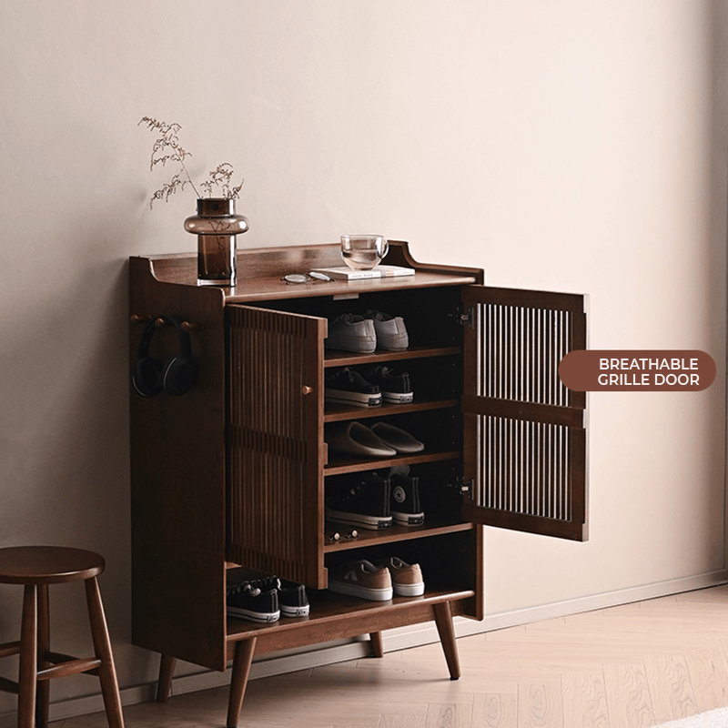 Minimalist Reeded Door Shoe Cabinet, Walnut Finish