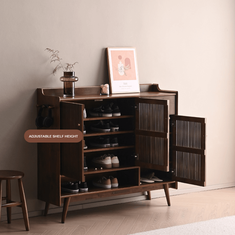 Minimalist Reeded Door Shoe Cabinet, Walnut Finish