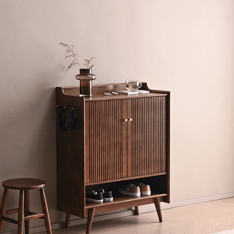 Minimalist Reeded Door Shoe Cabinet, Walnut Finish