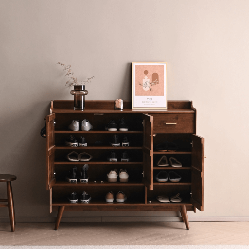Minimalist Reeded Door Shoe Cabinet, Walnut Finish