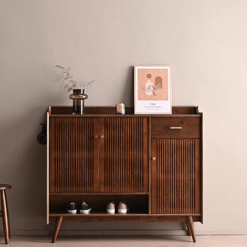 Minimalist Reeded Door Shoe Cabinet, Walnut Finish Main Product Image Main image