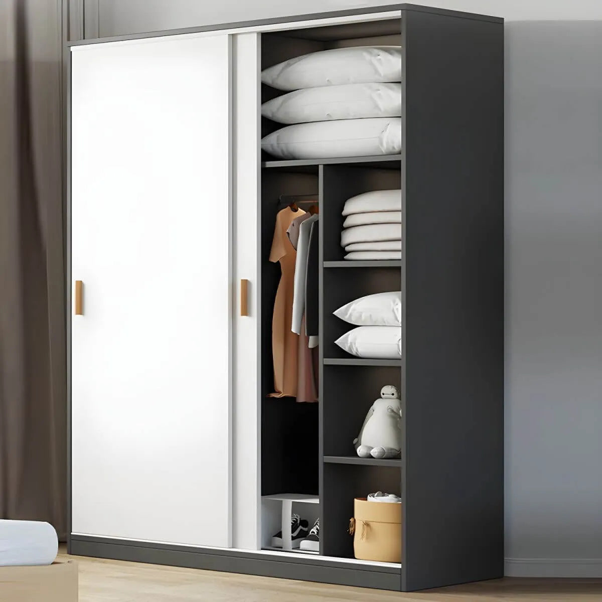 Minimalist Sliding Door Wood Wardrobe with Hanging and Shelf Storage