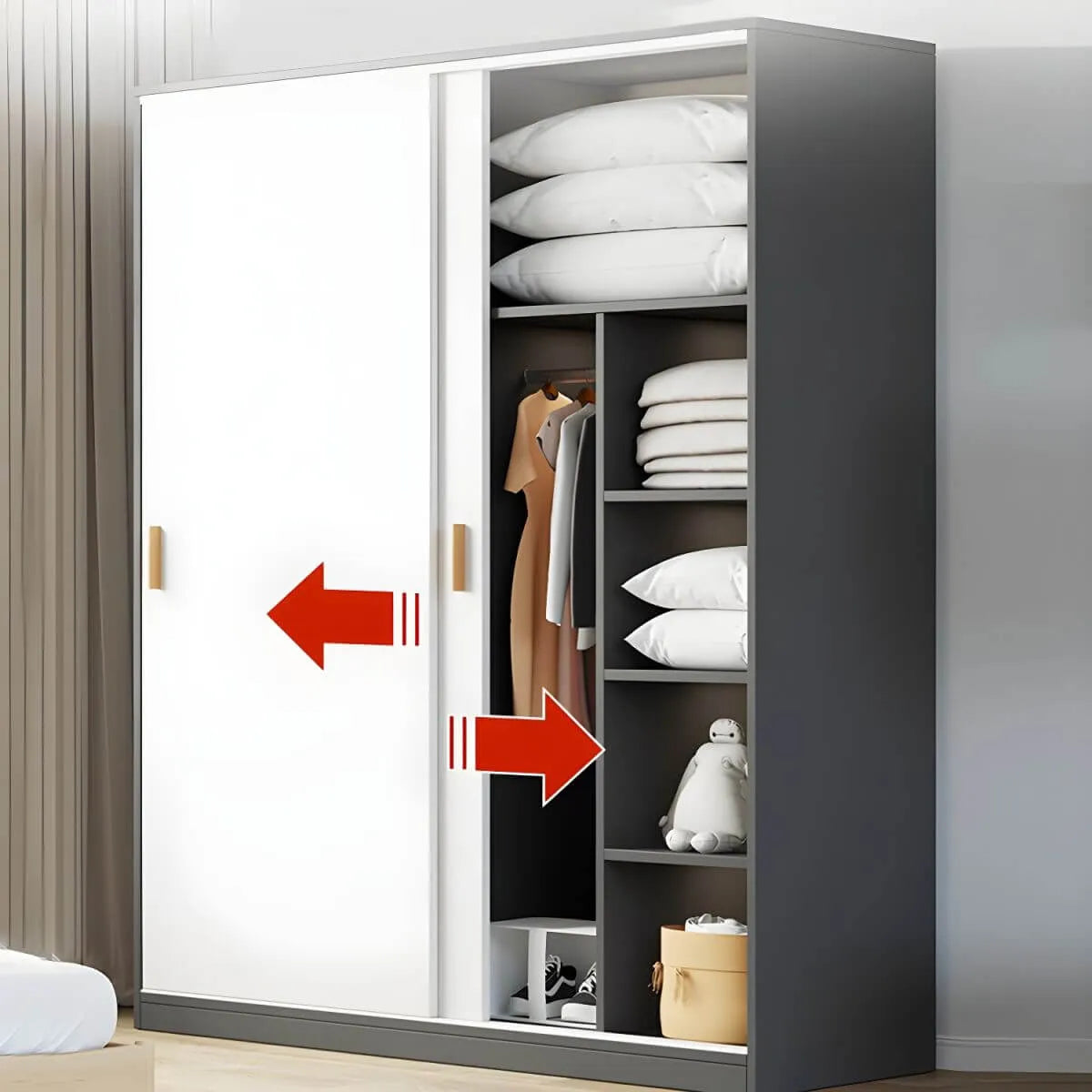 Minimalist Sliding Door Wood Wardrobe with Hanging and Shelf Storage