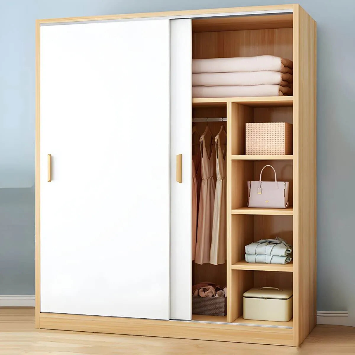 Minimalist Sliding Door Wood Wardrobe with Hanging and Shelf Storage
