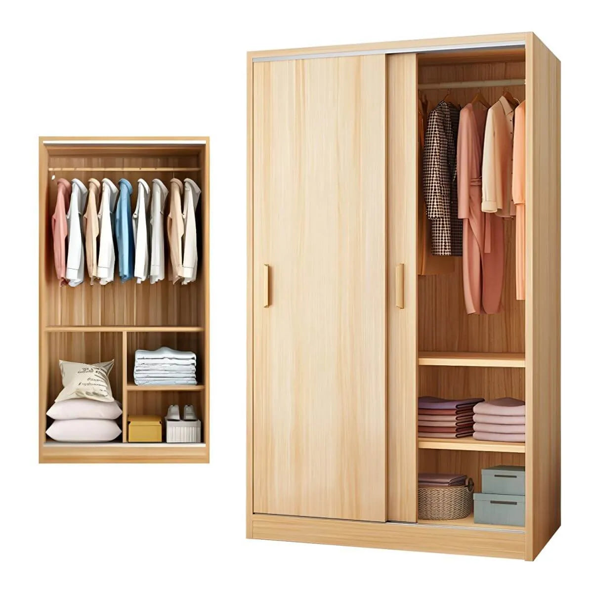 Minimalist Sliding Door Wood Wardrobe with Hanging and Shelf Storage