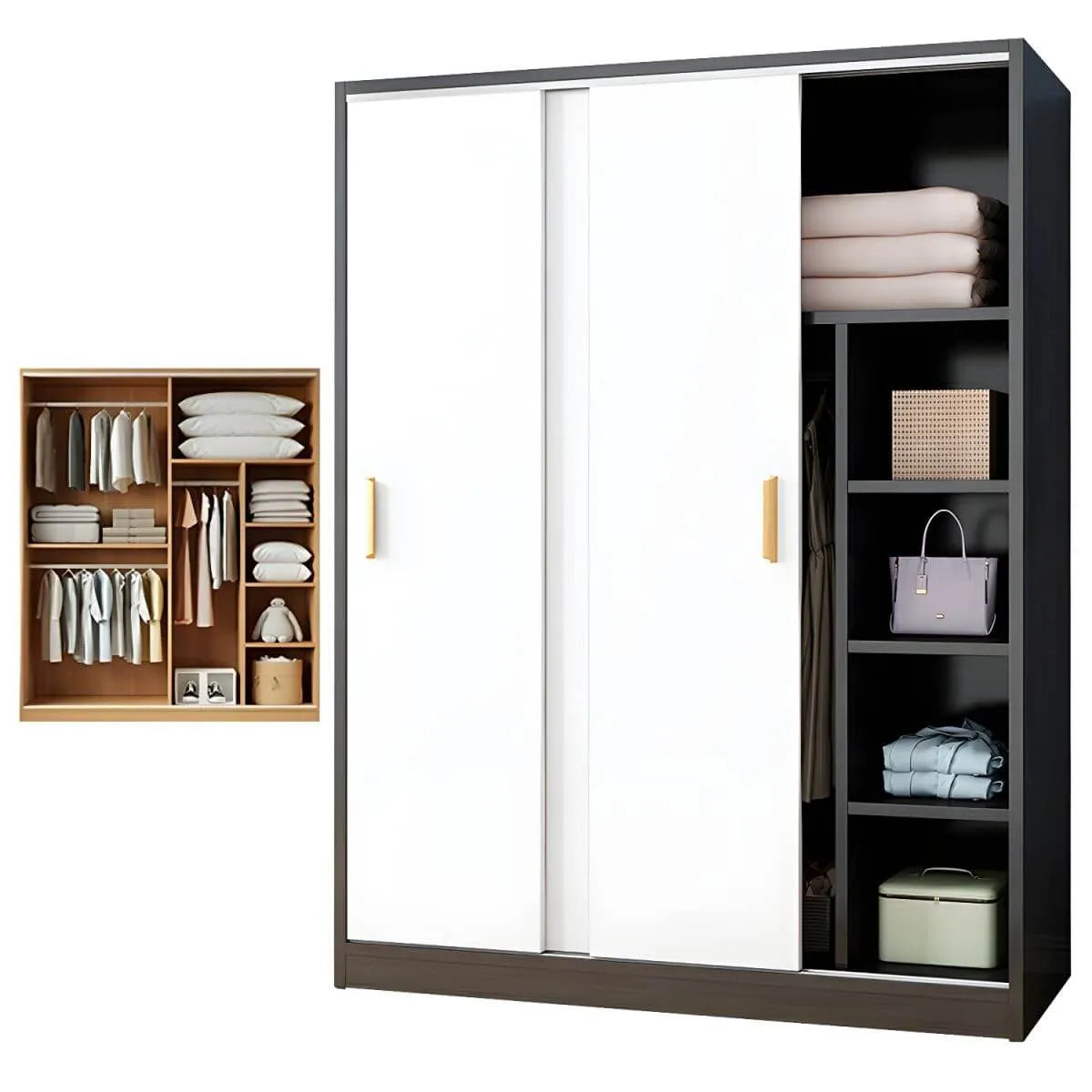 Minimalist Sliding Door Wood Wardrobe with Hanging and Shelf Storage