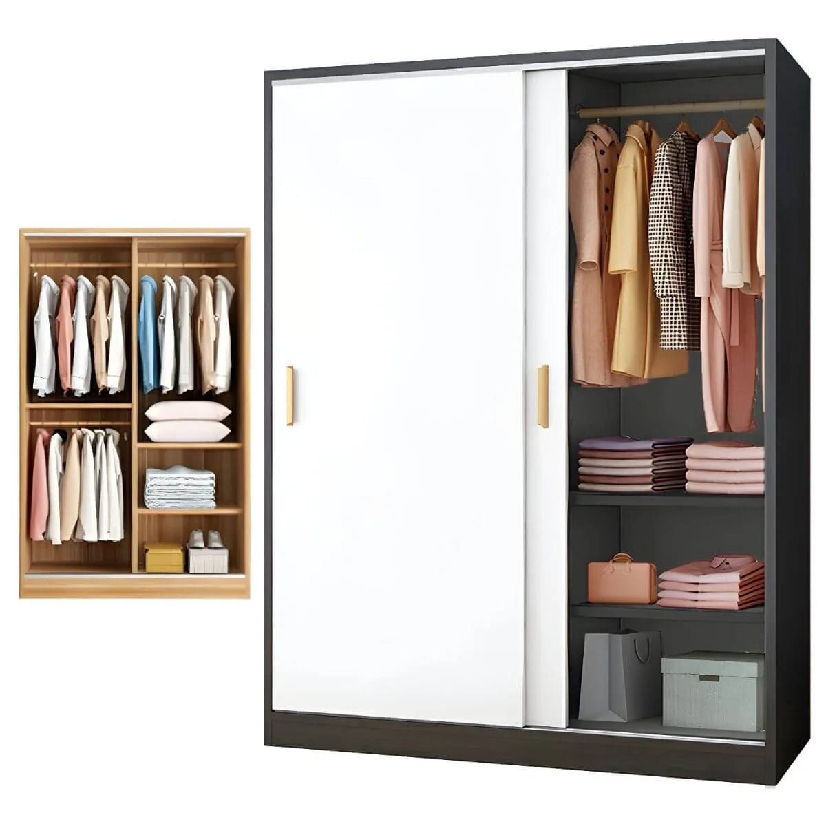 Minimalist Sliding Door Wood Wardrobe with Hanging and Shelf Storage