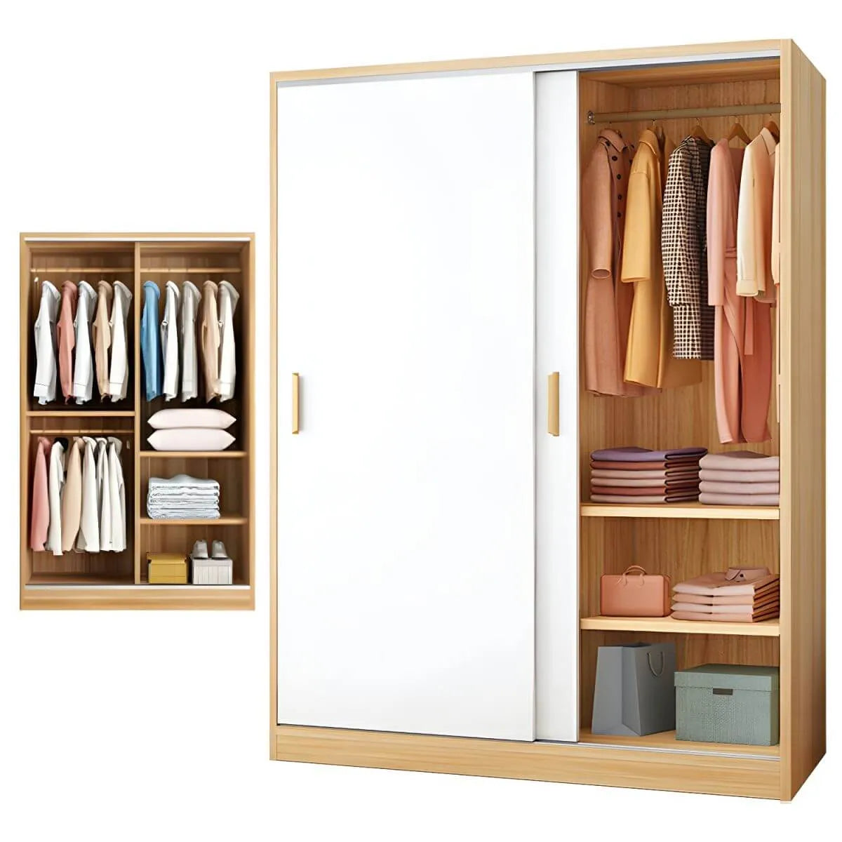 Minimalist Sliding Door Wood Wardrobe with Hanging and Shelf Storage