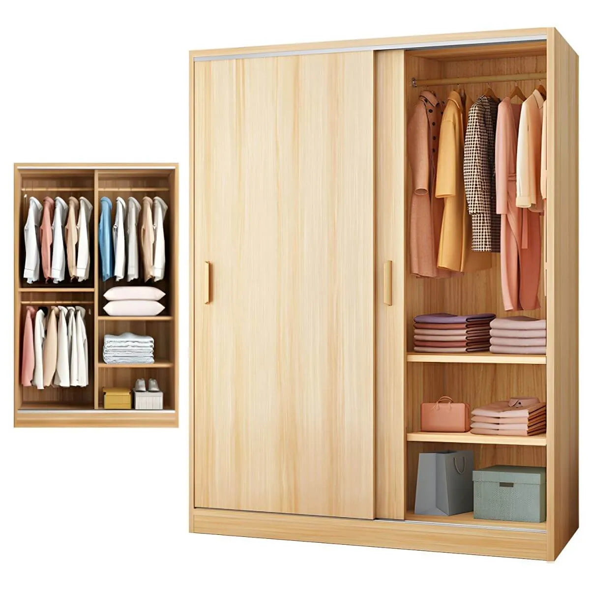 Minimalist Sliding Door Wood Wardrobe with Hanging and Shelf Storage