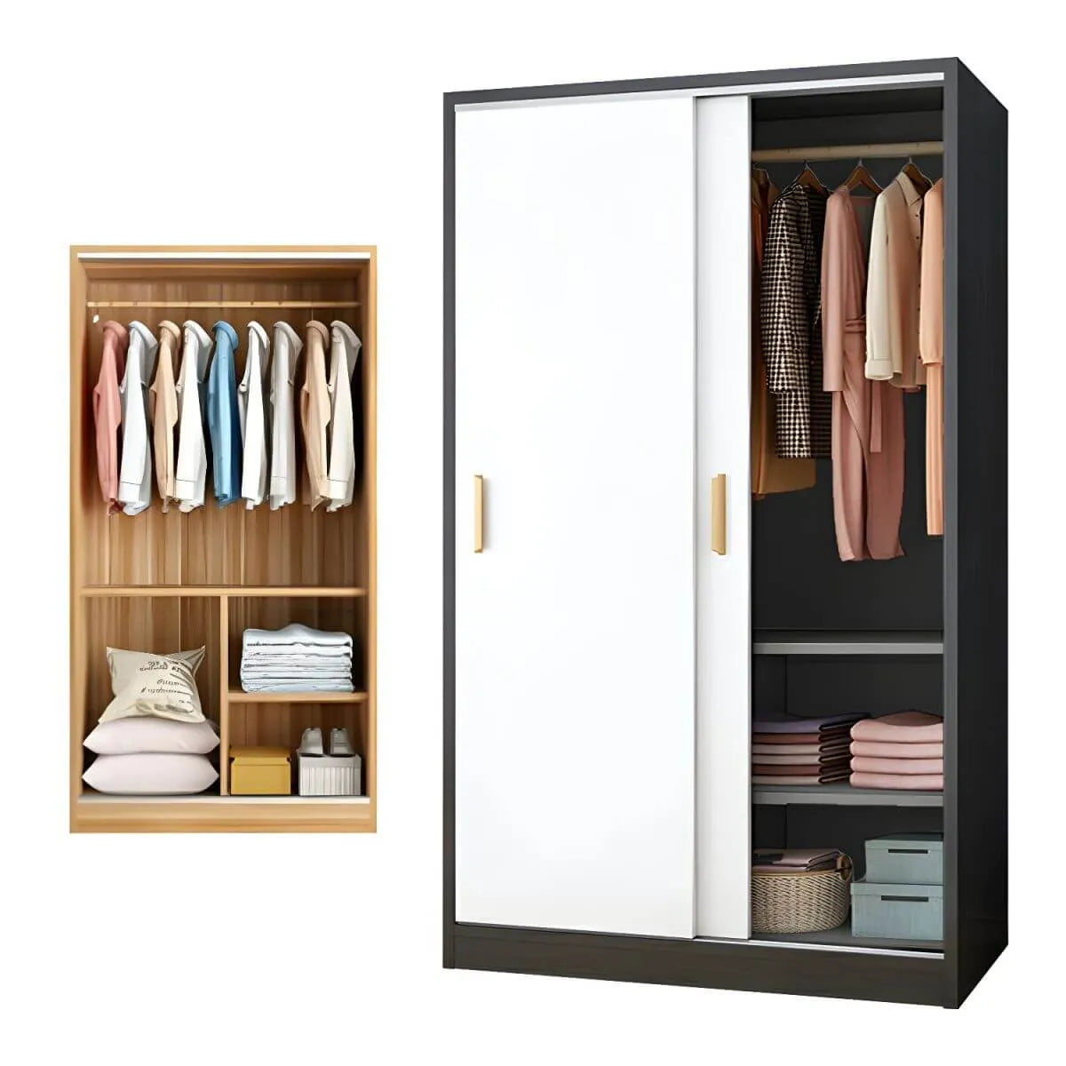 Minimalist Sliding Door Wood Wardrobe with Hanging and Shelf Storage