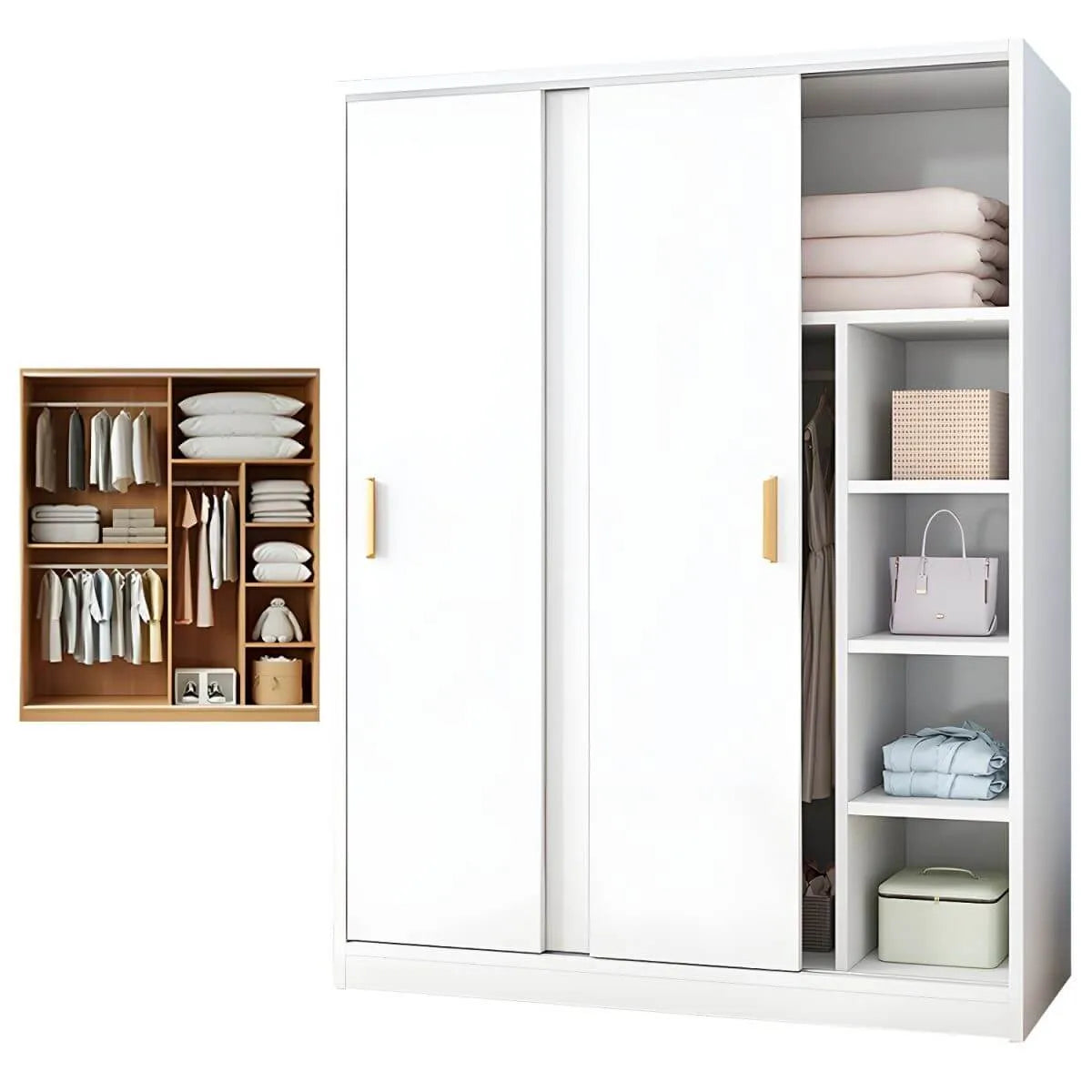 Minimalist Sliding Door Wood Wardrobe with Hanging and Shelf Storage