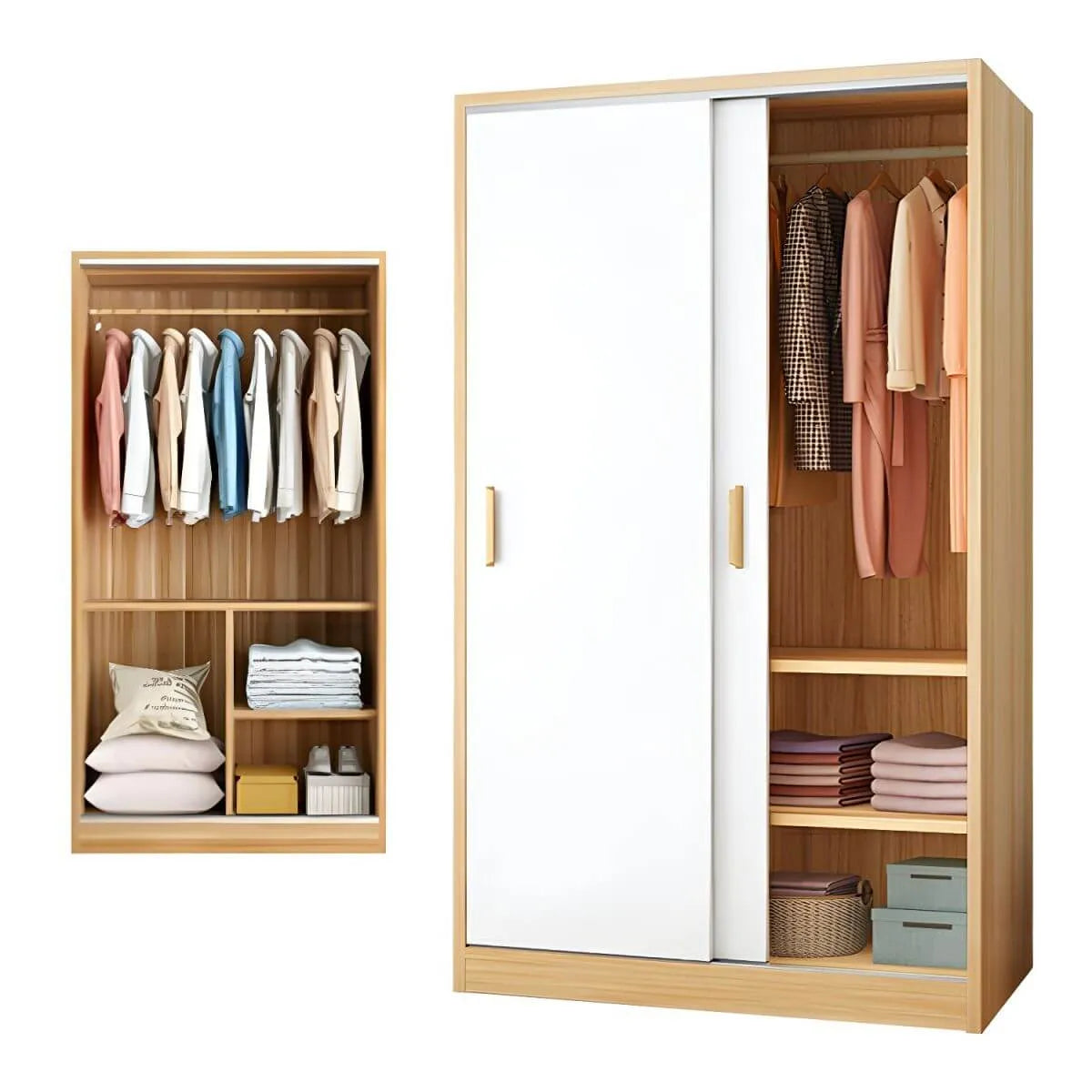 Minimalist Sliding Door Wood Wardrobe with Hanging and Shelf Storage
