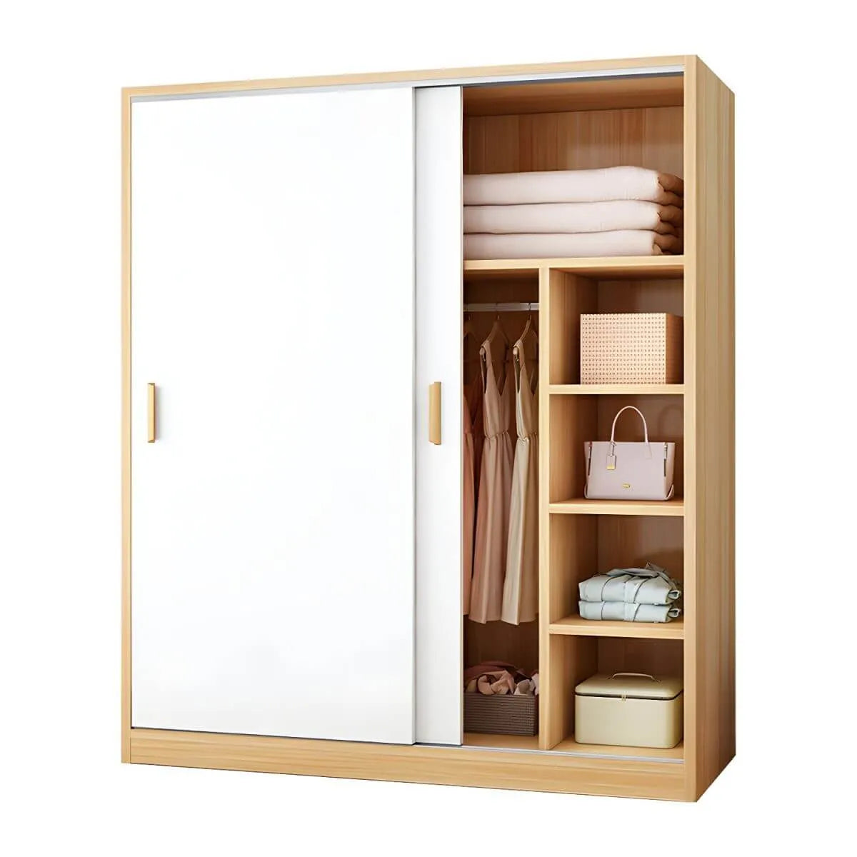 Minimalist Sliding Door Wood Wardrobe with Hanging and Shelf Storage