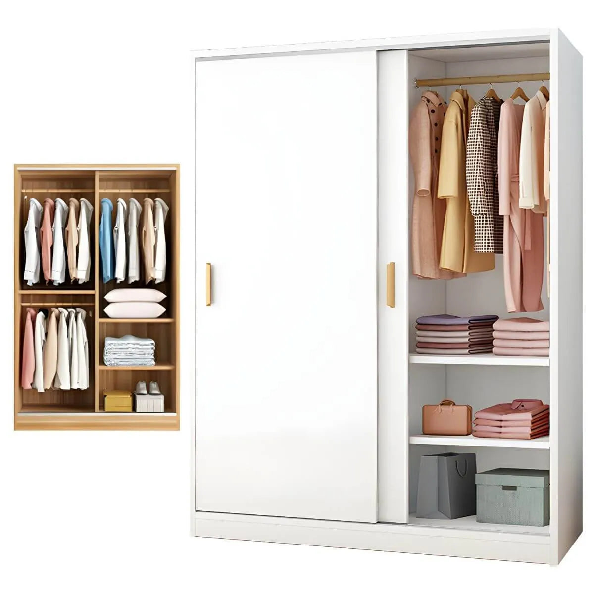 Minimalist Sliding Door Wood Wardrobe with Hanging and Shelf Storage