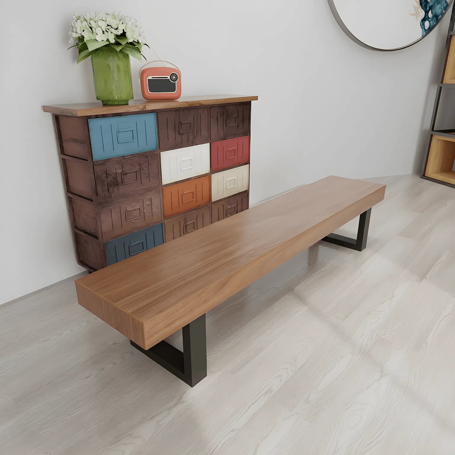Banco de interior minimalista de madera maciza con base de estructura geométrica Imagen secundaria del producto