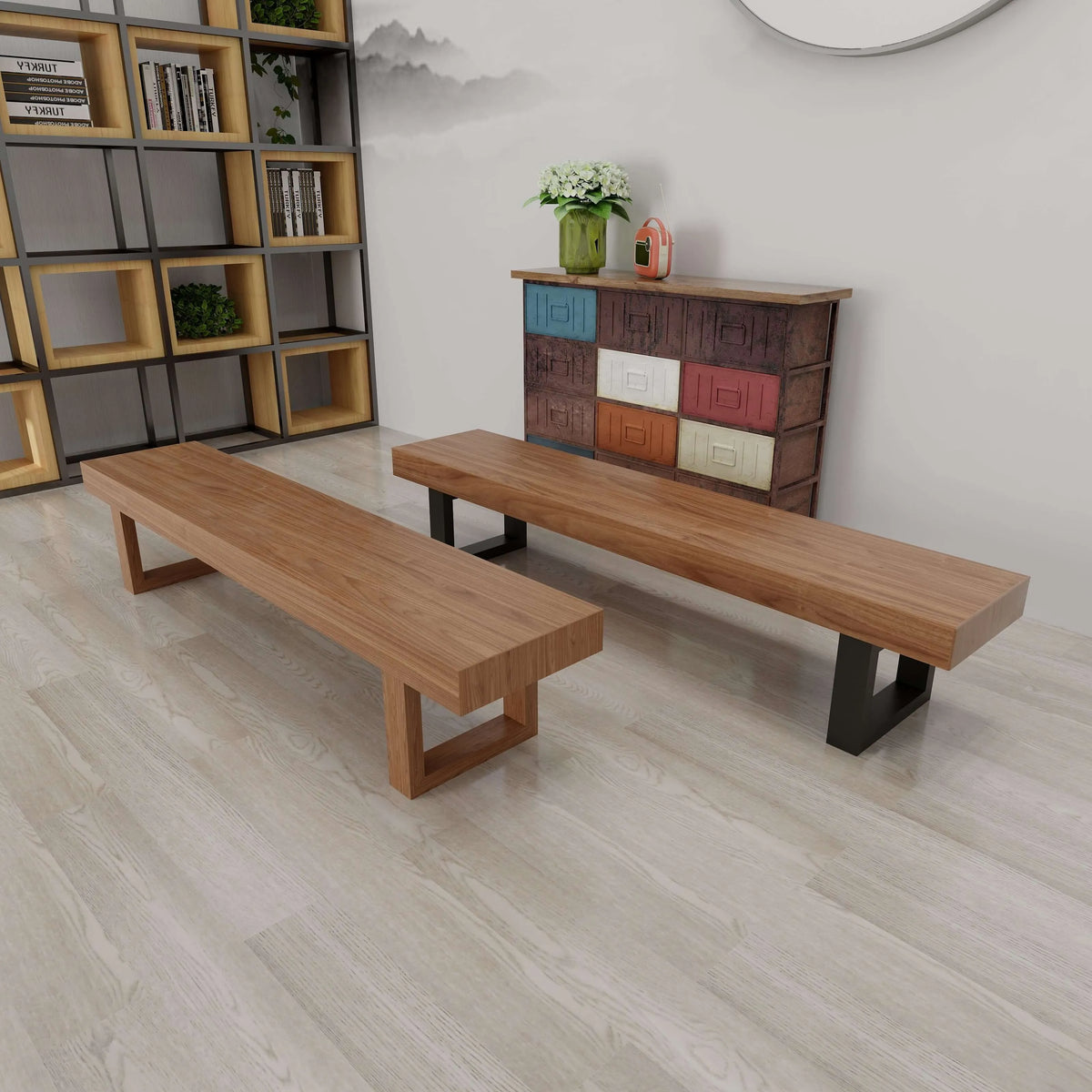 Minimalist Solid Wood Indoor Bench with Geometric Frame Base