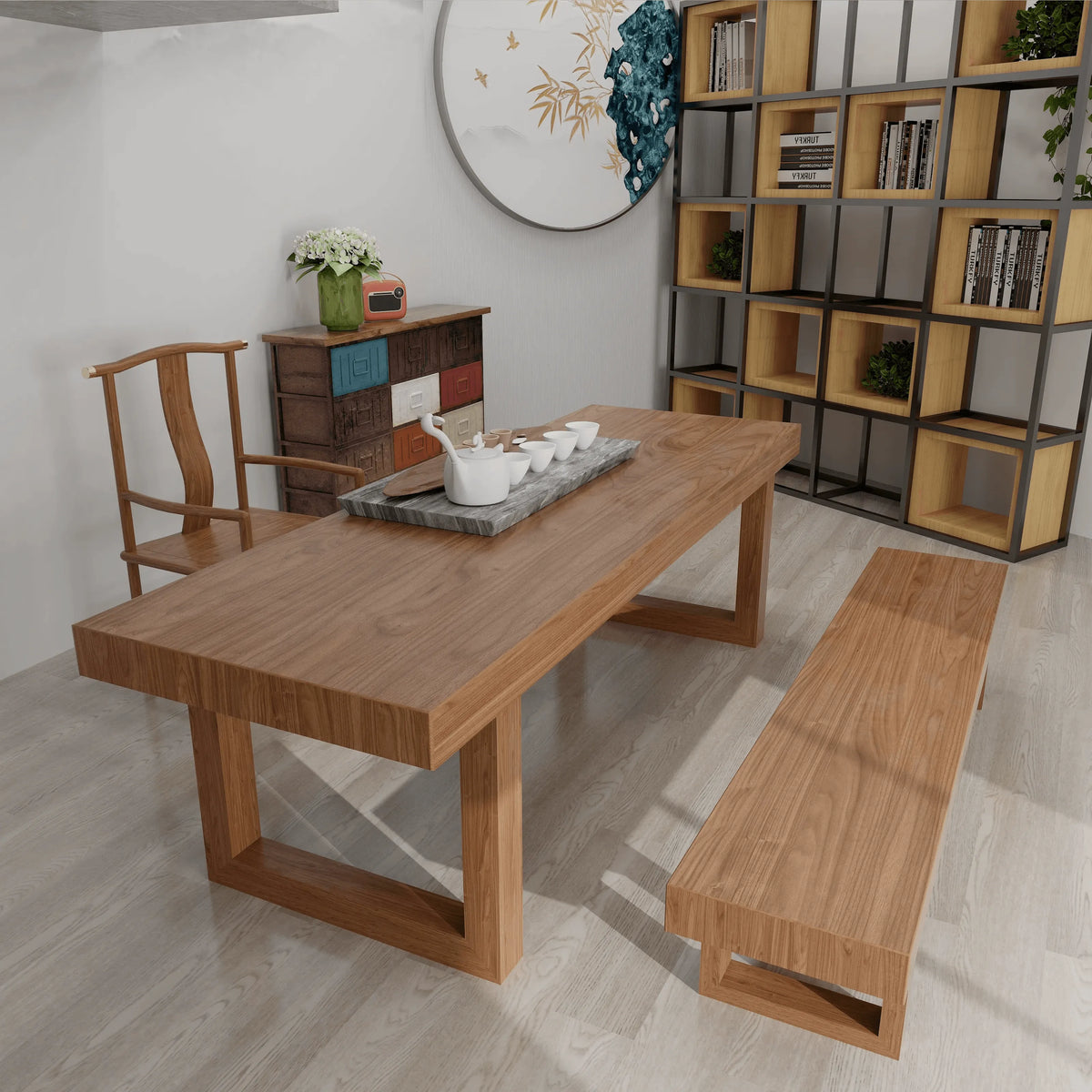 Minimalist Solid Wood Indoor Bench with Geometric Frame Base