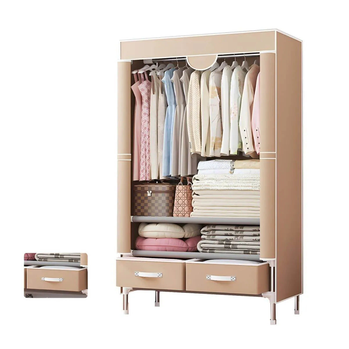 Minimalist Steel Wardrobe Armoire With Drawers and Raised Legs