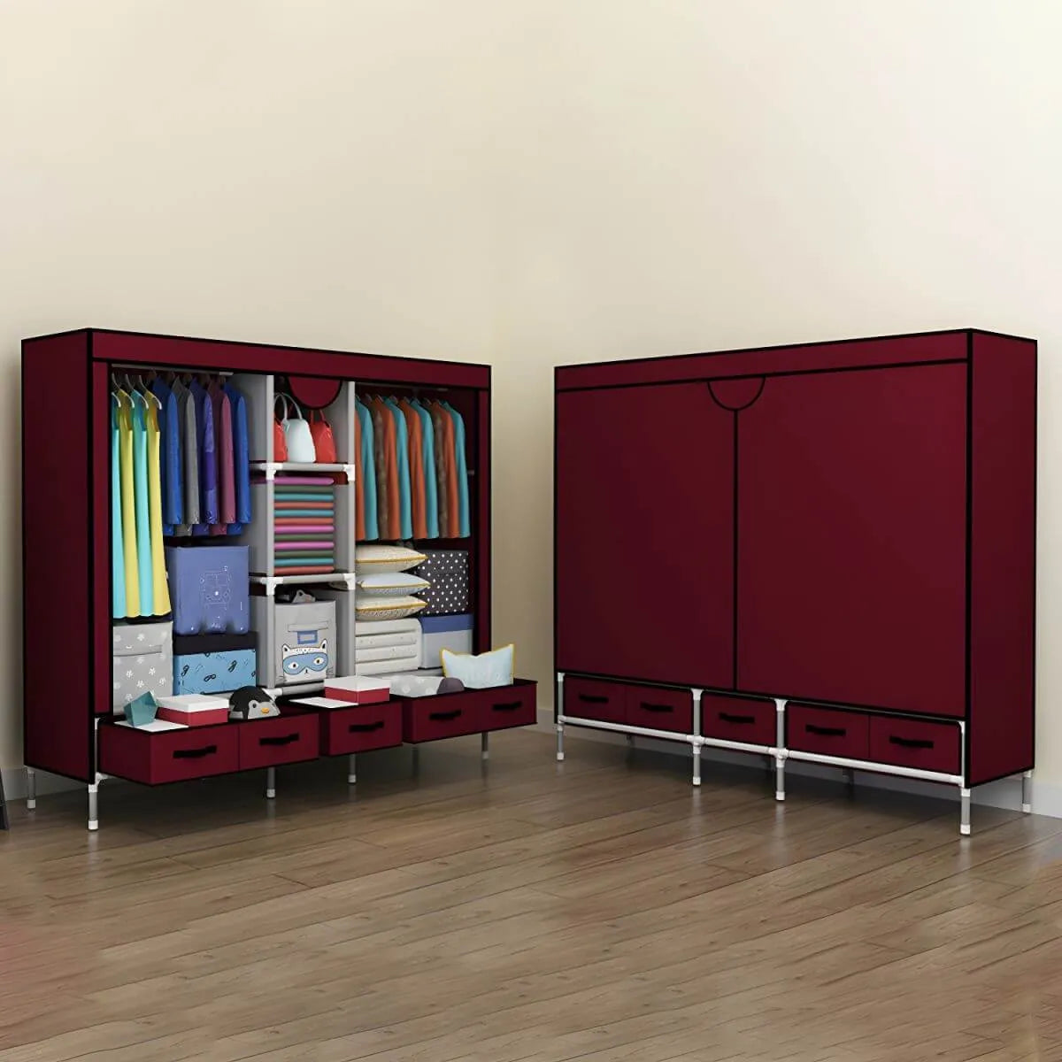 Minimalist Steel Wardrobe Armoire With Drawers and Raised Legs